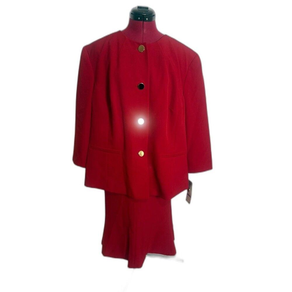 NWT Le Suit Skirt Suit Woman Size 22W Red 2-Piece Set Blazer & Skirt Gold Button